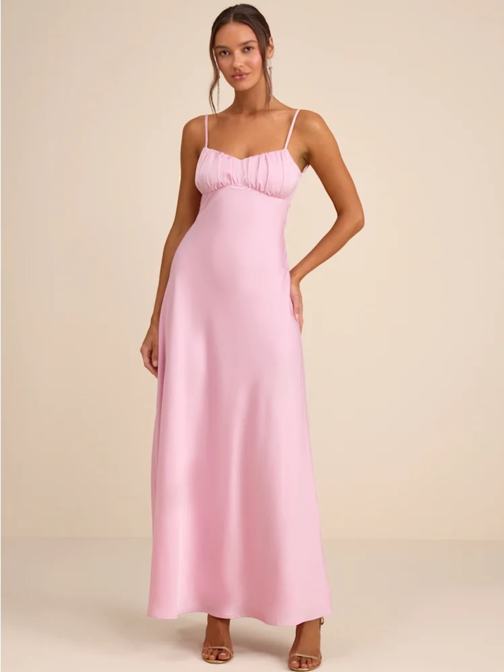 Lulu's Light Pink Ruched Bust Spaghetti-Strap Maxi Dress